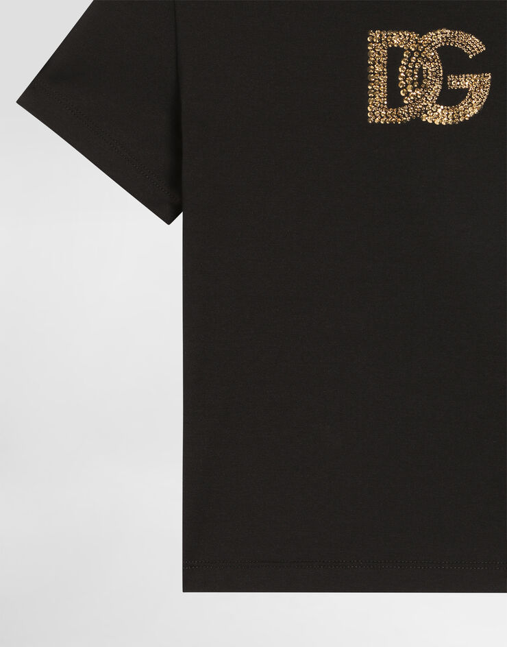 Dolce & Gabbana T-shirt in jersey con logo DG in termostrass Dolce & Gabbana T-shirt in jersey con logo DG in termostrass Nero L5JTOXG7PMB
