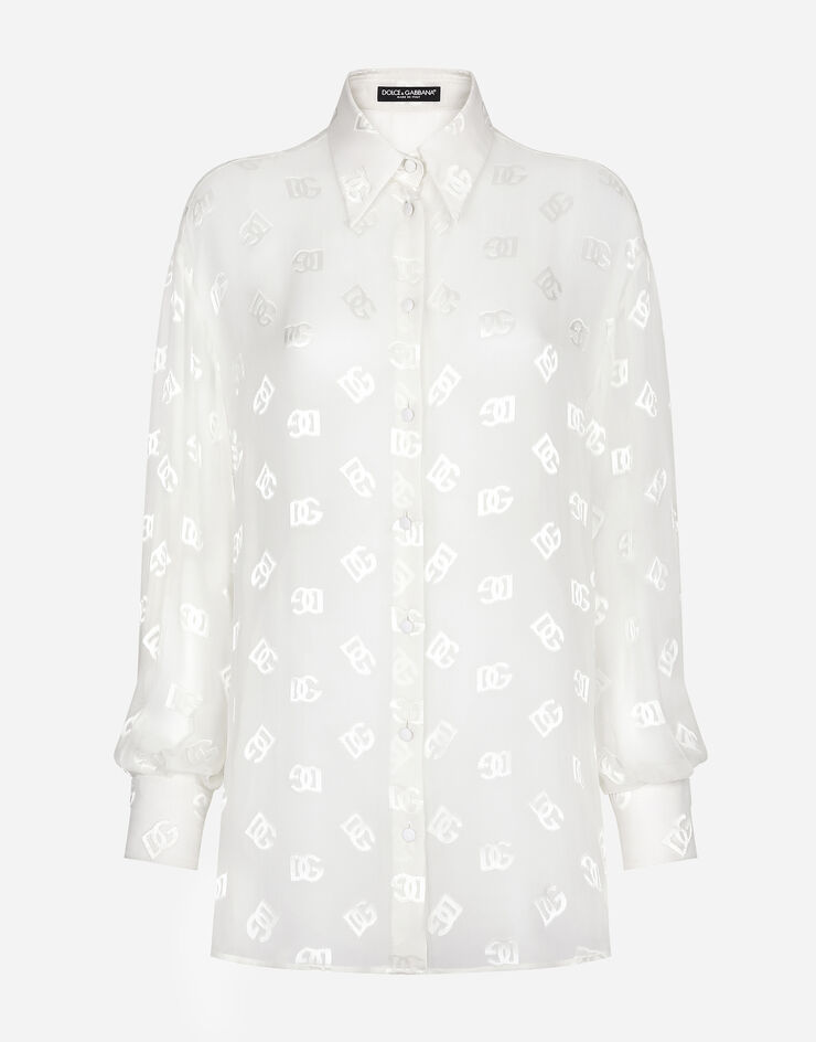 Dolce & Gabbana قميص من حرير ديفوريه بشعار DG أبيض F5O54TFJTBR