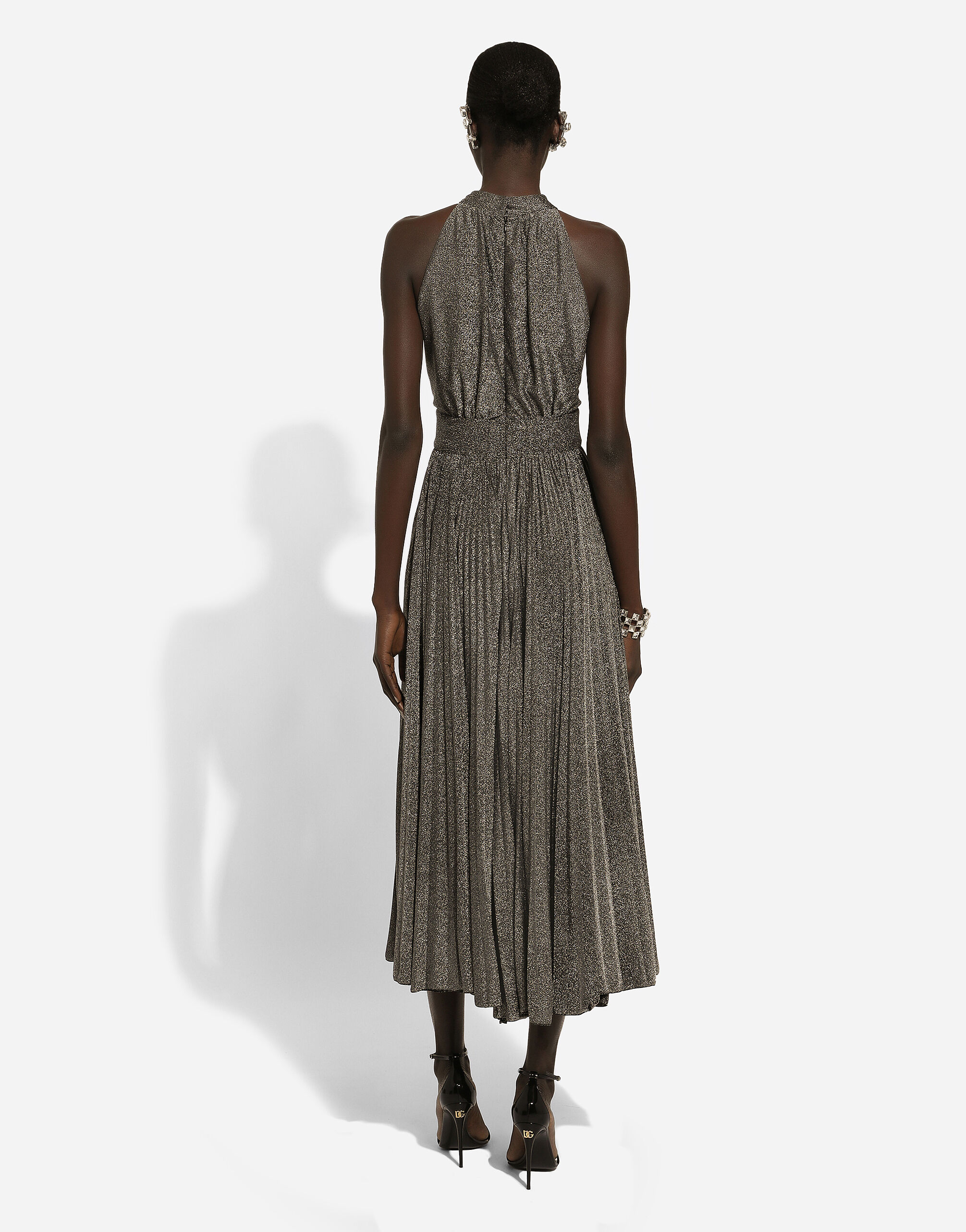 Pleated jersey lurex calf-length dress in Silver for Women