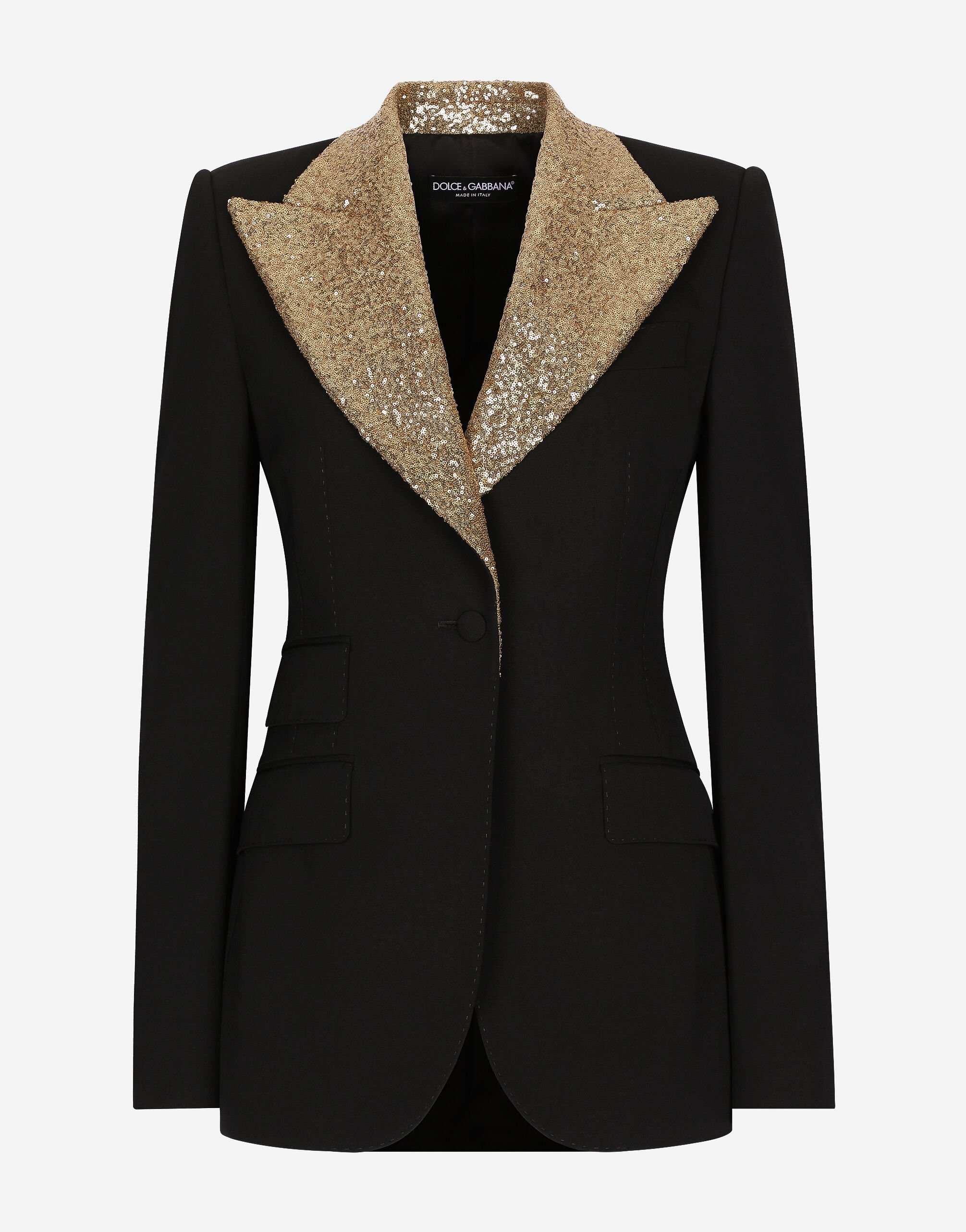Dolce & Gabbana Einreihige Turlington-Jacke aus Wolle mit Pailletten-Revers SCHWARZ BB6711AV893