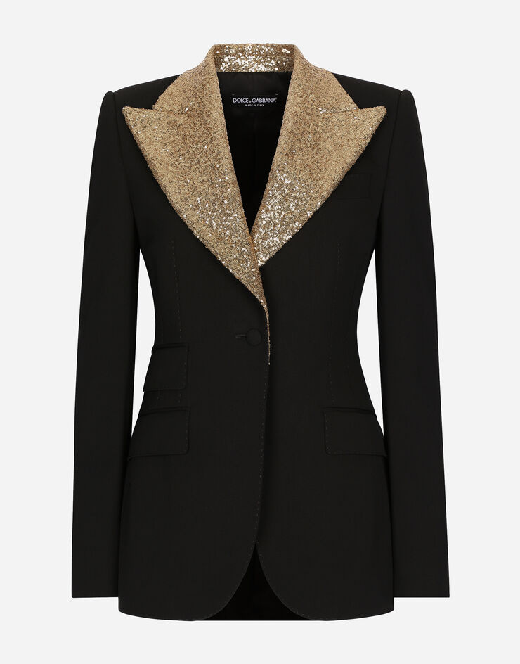 Dolce & Gabbana Chaqueta Turlington de lana con solapas de lentejuelas Negro F29DOTFUBGB