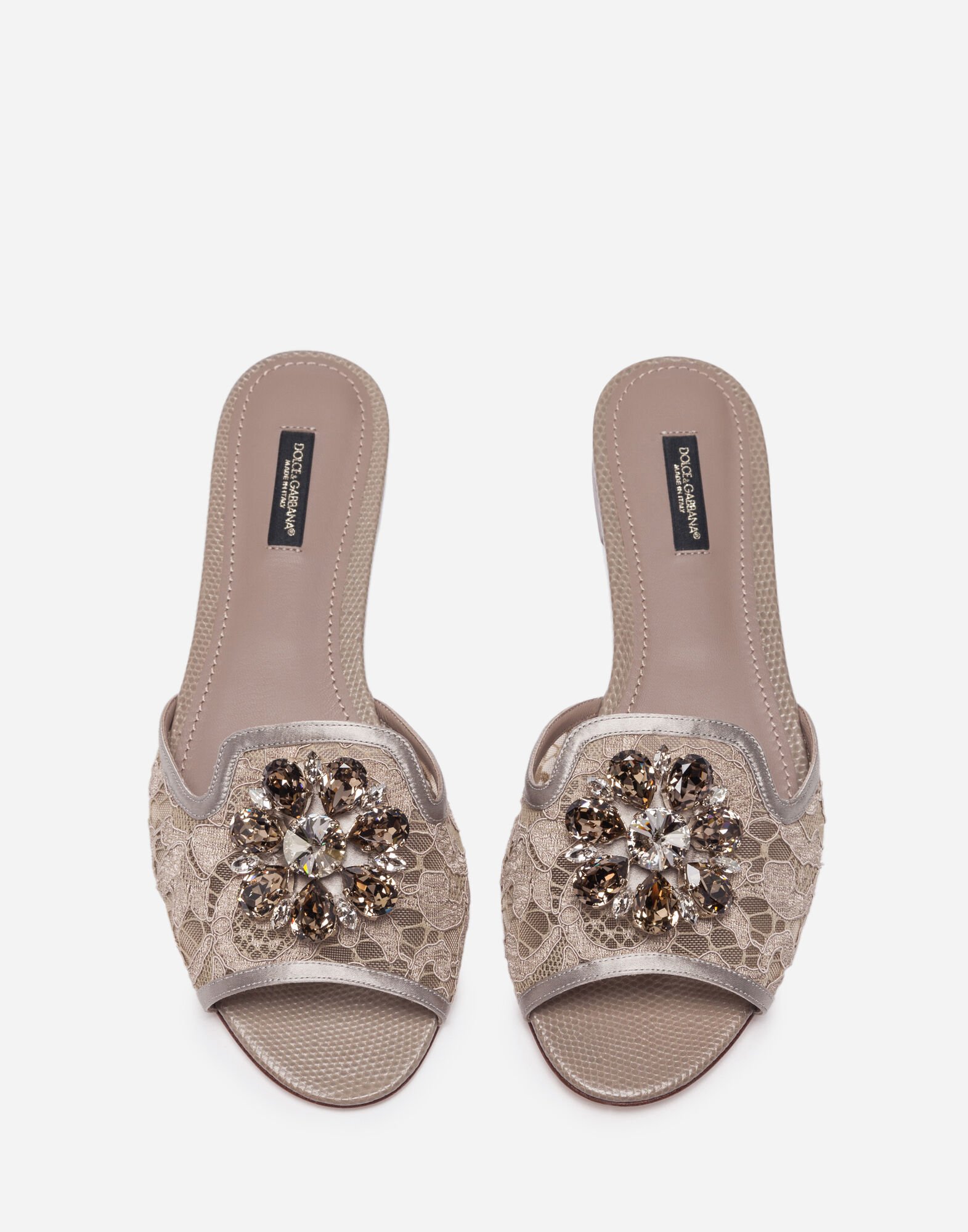 VIP【送料関税込】DOLCE&GABBANA RAINBOW FLAT LACE SANDALS Lace rainbow slides with brooch detailing in Grey for Women