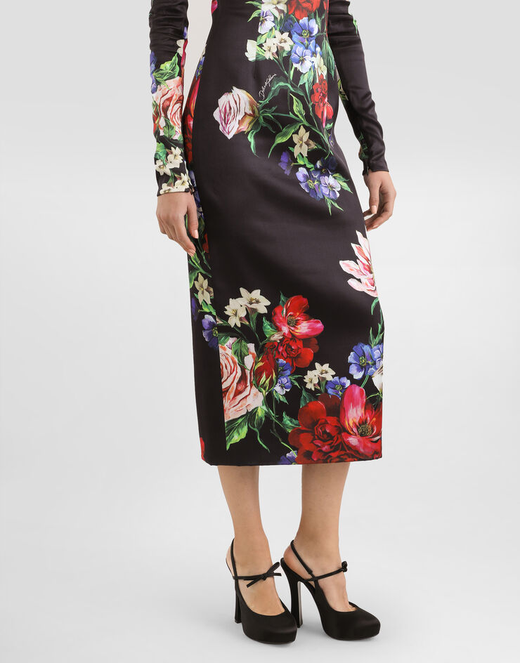 Dolce & Gabbana Abito longuette girocollo in raso stampa Fiori Stampa F6TRQTFSIB5