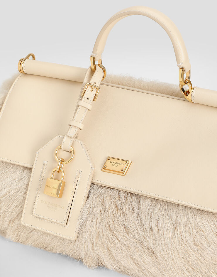 Dolce & Gabbana Medium My Sicily fur and plongé calfskin handbag Beige BB7782B5528