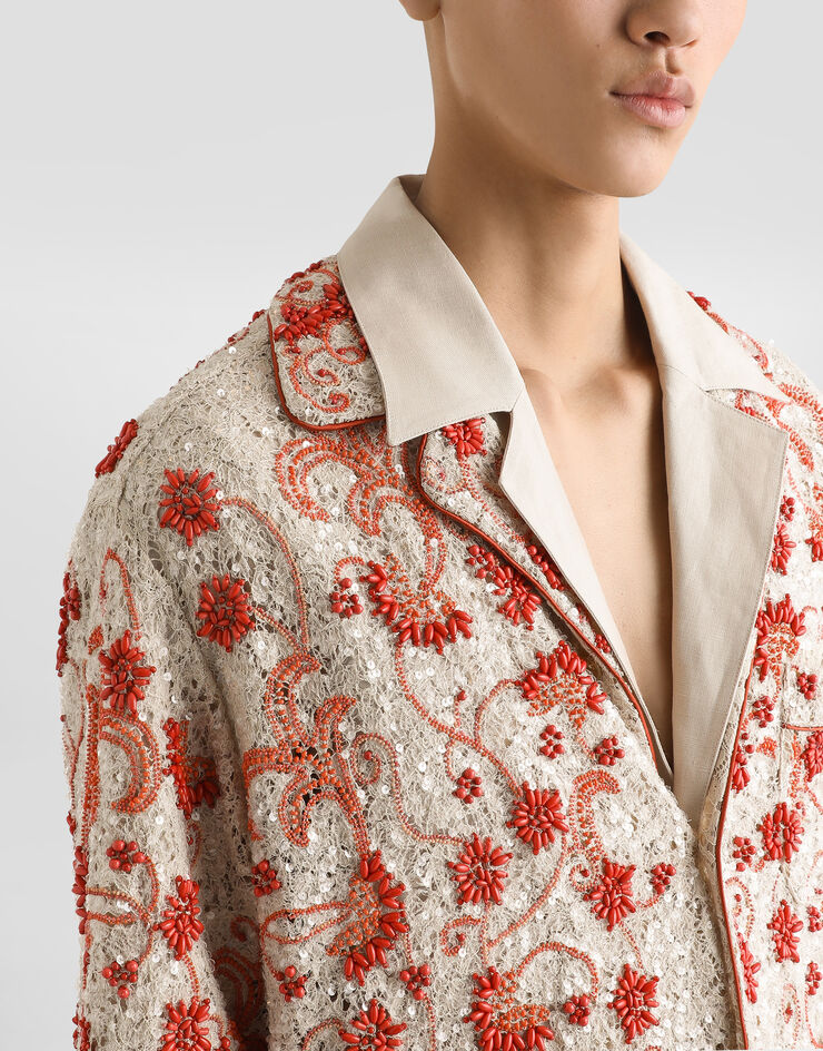 Dolce & Gabbana Кружевная рубашка с длинными рукавами и вышивкой из кораллов бежевый G5IF1ZHLM40