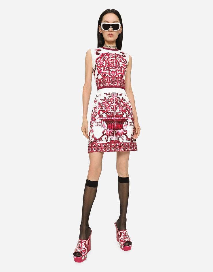 Dolce & Gabbana Kurzes Kleid aus Brokat Majolika-Print Mehrfarbig F68A8TFPTAH