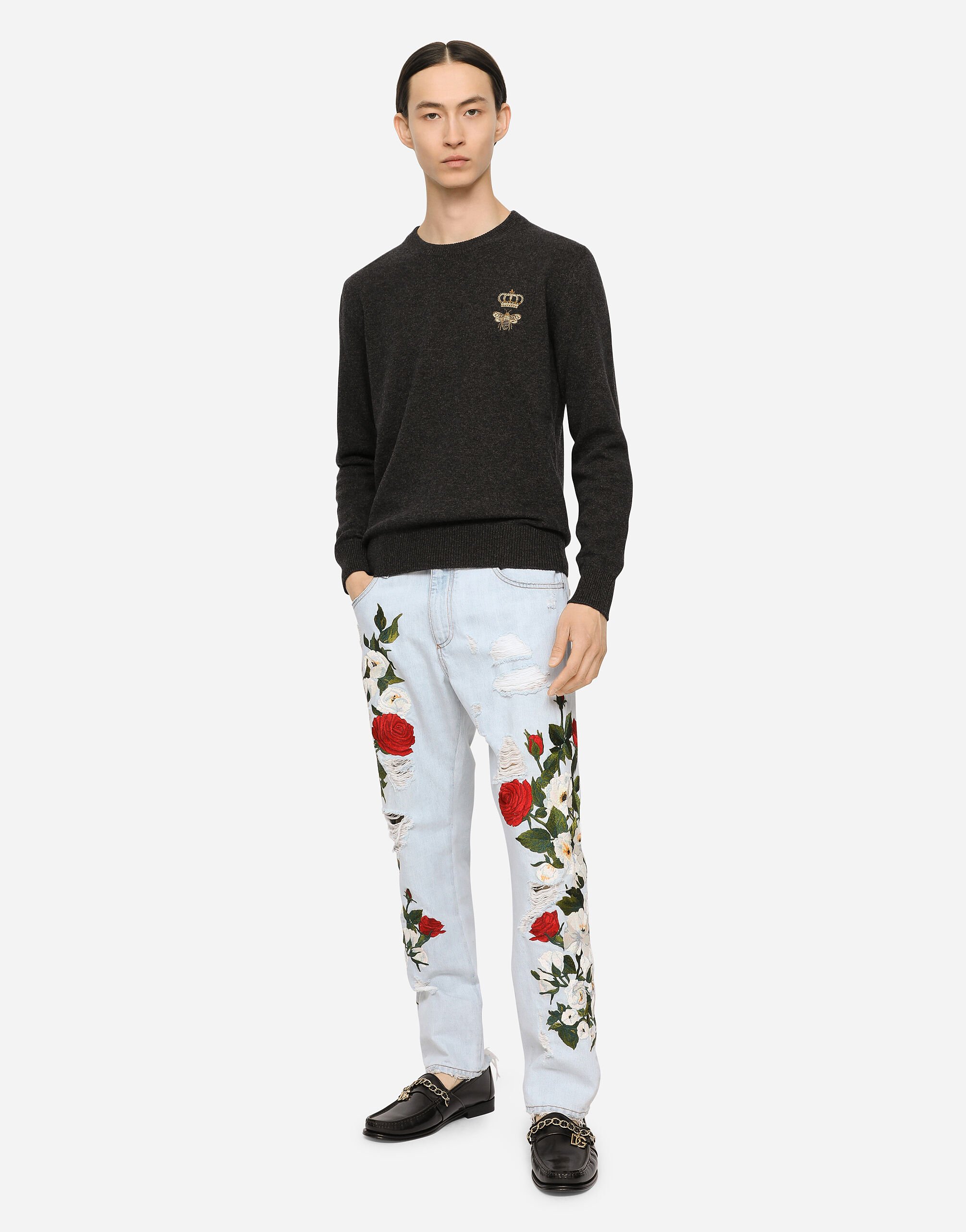 Round-neck wool sweater with embroidery in Grey for Men