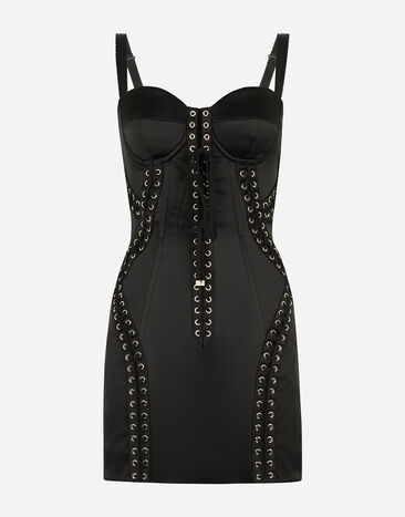 Dolce & Gabbana Vestido corto de raso con cordones y trabilla Negro F6ZI4TFURHM