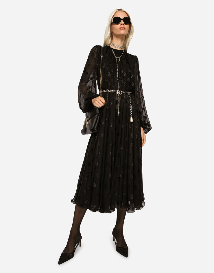 Dolce & Gabbana Devoré satin dress with all-over DG logo Black F6ARPTFJTBR