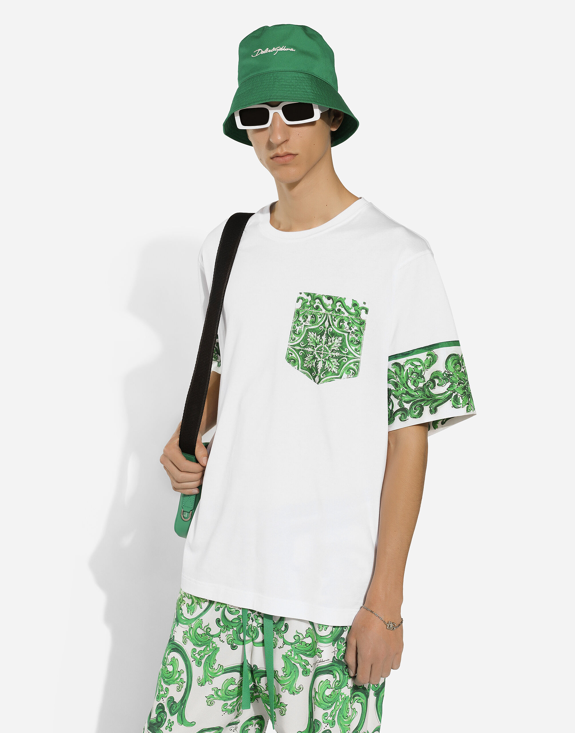 Cotton T-shirt with majolica-print breast pocket in White