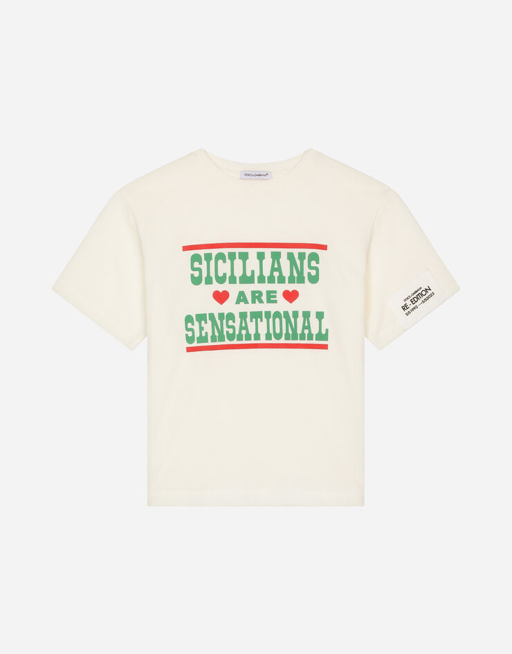 Dolce & Gabbana Camiseta de punto con estampado Sicilians are sensational Blanco L4JTEYG7I8Q
