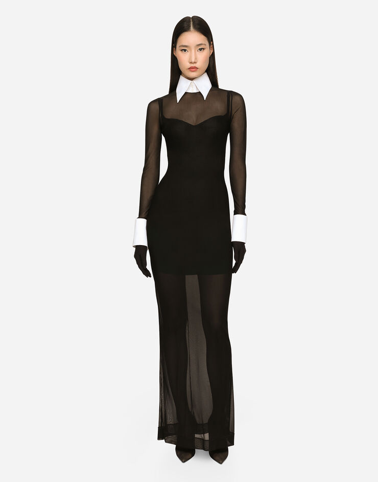 Dolce & Gabbana KIM DOLCE&GABBANAفستان تول طويل بتفصيل قميص أسود F6CMDTFLRC2
