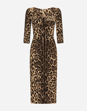 Dolce&Gabbana Vestido longuette en cady estampado leopardo Estampado Animalier F9R11THSMW8