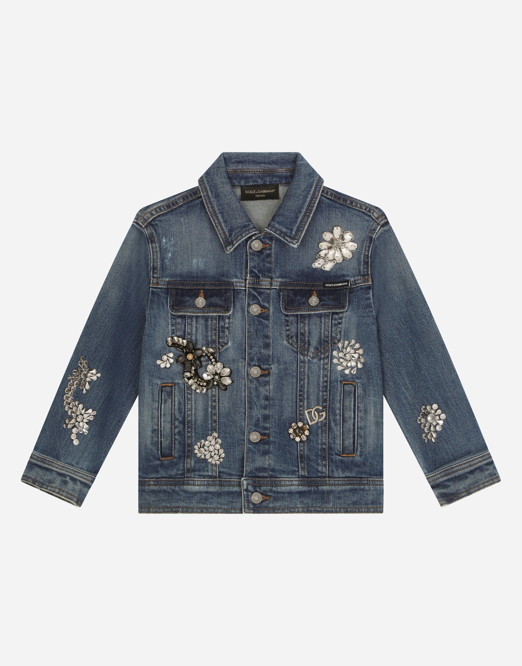 Dolce & Gabbana Эластичная джинсовая куртка со стразами и вышивкой Отпечатки L5JC13ISMGV