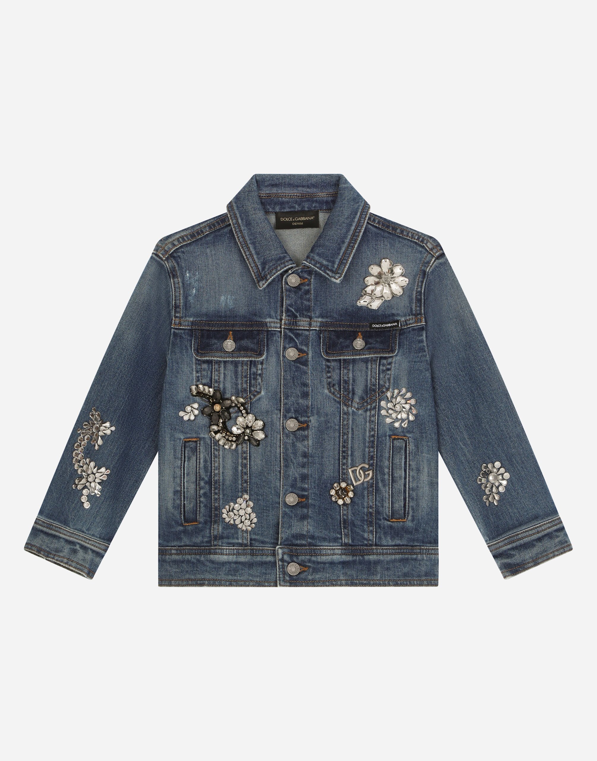 Dolce & Gabbana Blouson en denim stretch avec strass et broderies Imprimé L5JC13ISMGV