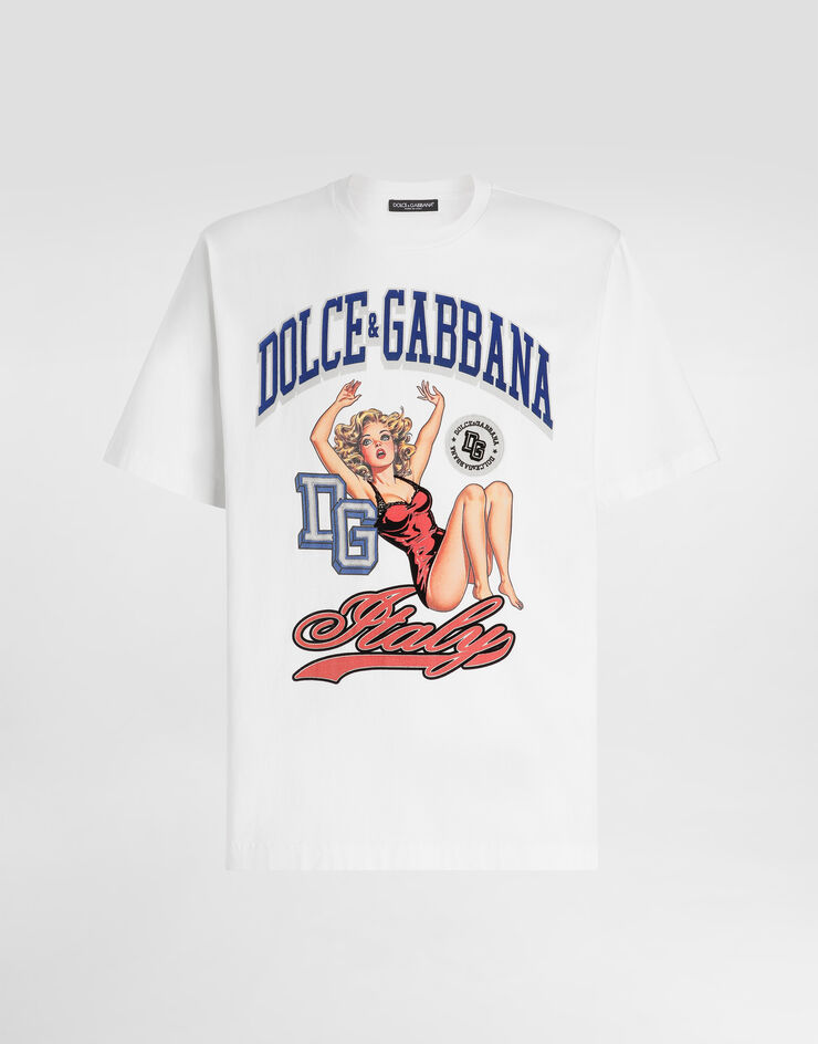 Dolce & Gabbana Cotton t-shirt with print and embroidery Cream G8PN9ZG7PKK