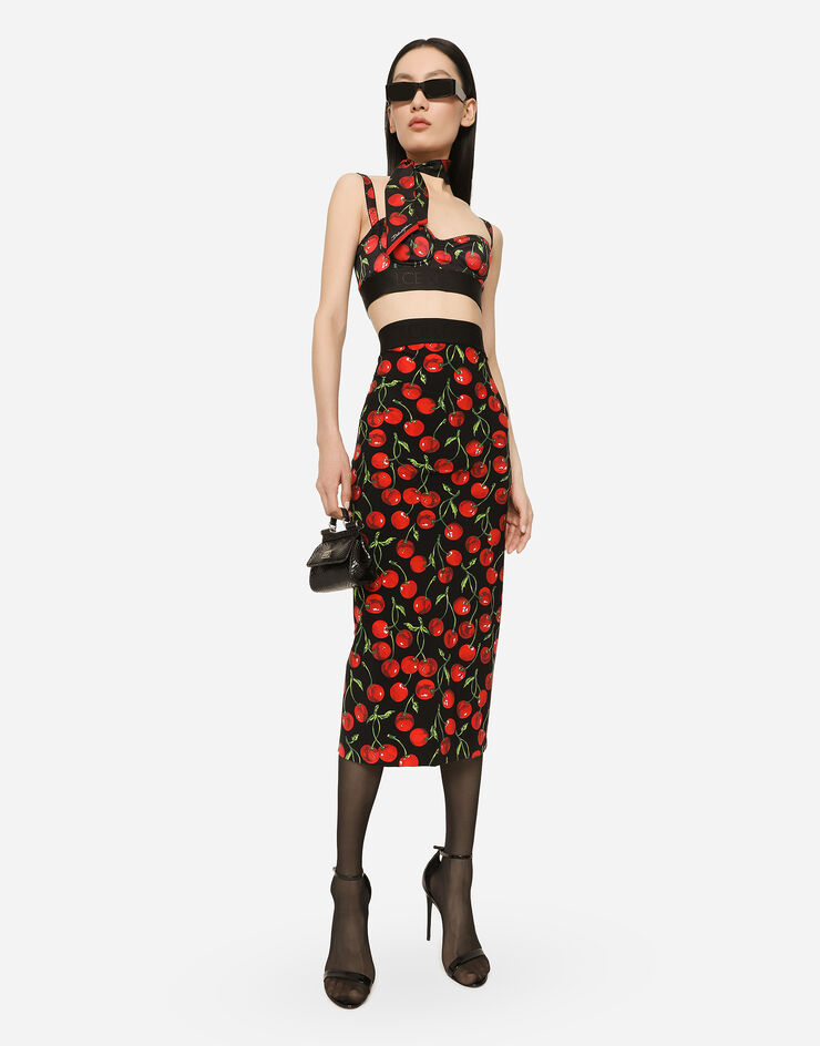 Dolce&Gabbana Technical jersey calf-length skirt with elasticated band with logo and cherry print Mehrfarbig F4COCTFSG54