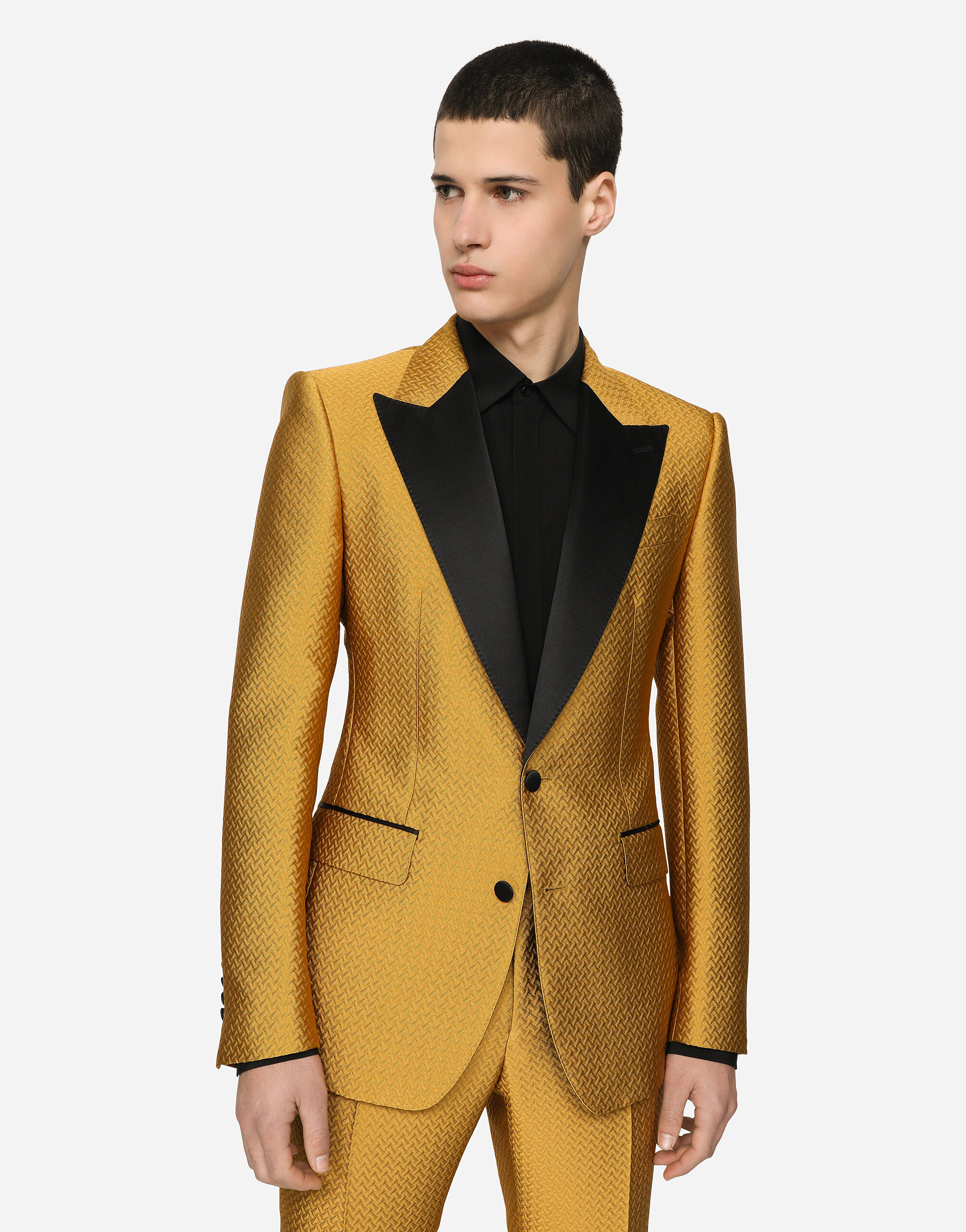 Herringbone jacquard Sicilia-fit tuxedo suit in Yellow for Men