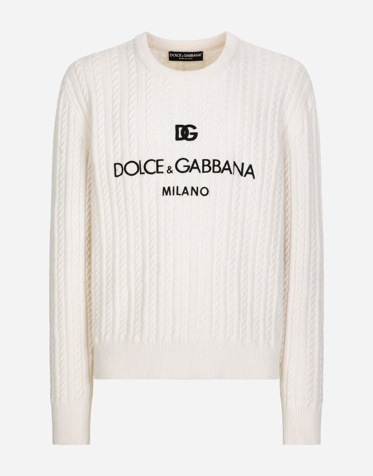 Dolce & Gabbana Maglia girocollo in lana con ricamo logo Bianco GXX09ZJCVS3