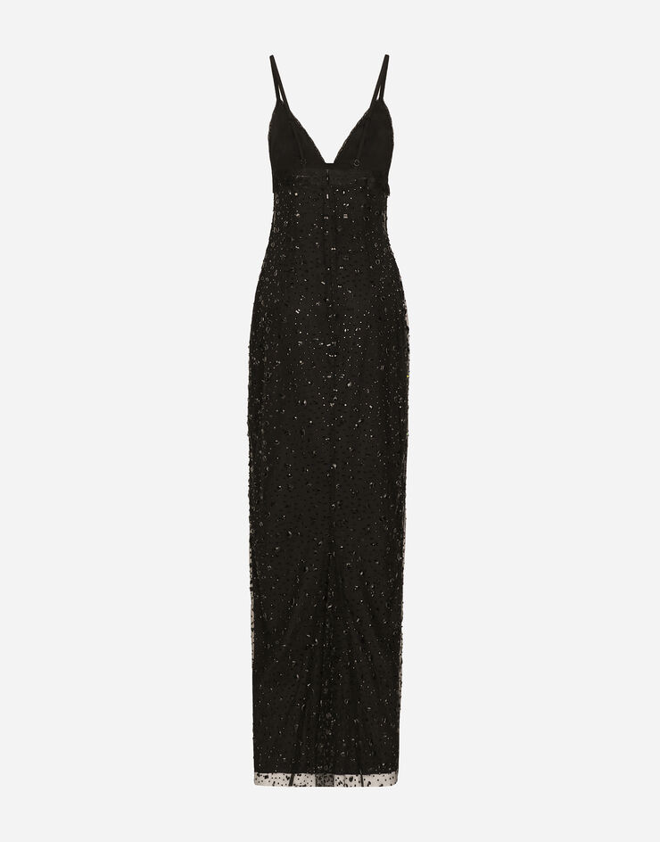Dolce&Gabbana Long tulle slip dress with all-over rhinestone embellishment Black F6DFFZHLSAZ
