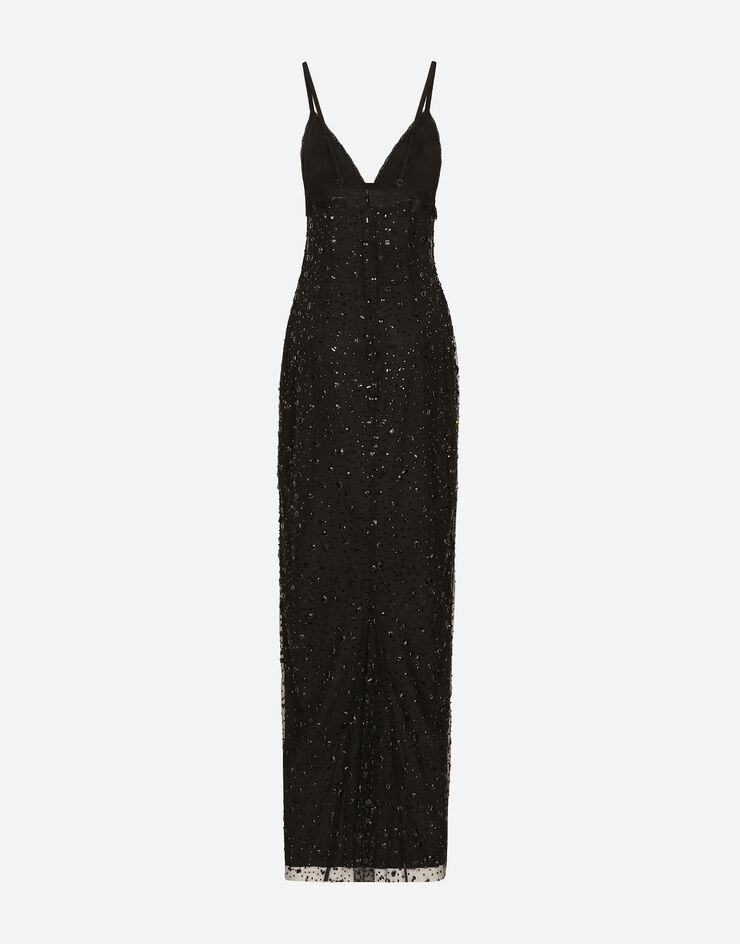 Dolce&Gabbana Vestido largo tipo combinación de tul con bordado integral de strass Negro F6DFFZHLSAZ