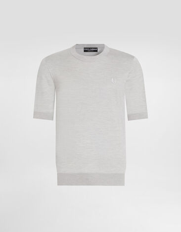 Dolce & Gabbana Jersey de cuello redondo de seda con bordado DG Gris GXX03ZJBSK3
