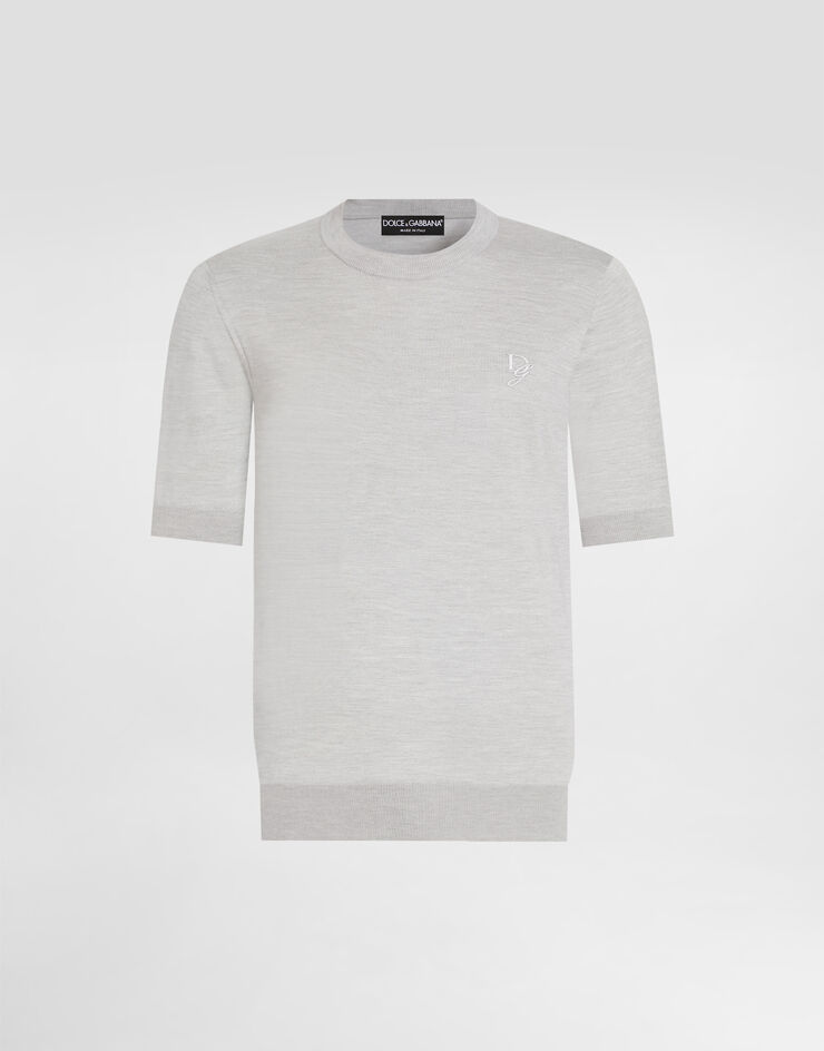 Dolce & Gabbana Jersey de cuello redondo de seda con bordado DG Gris GXX03ZJBSK3