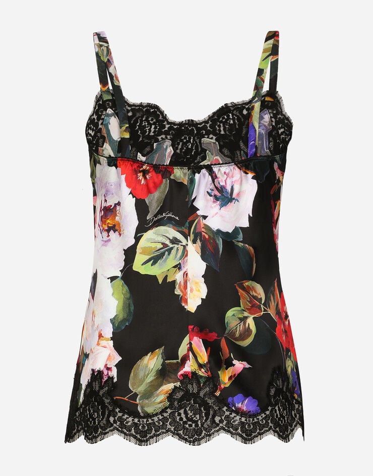 Dolce & Gabbana Satin lingerie-style top with rose garden print and lace detailing Print O7A00TFSA59