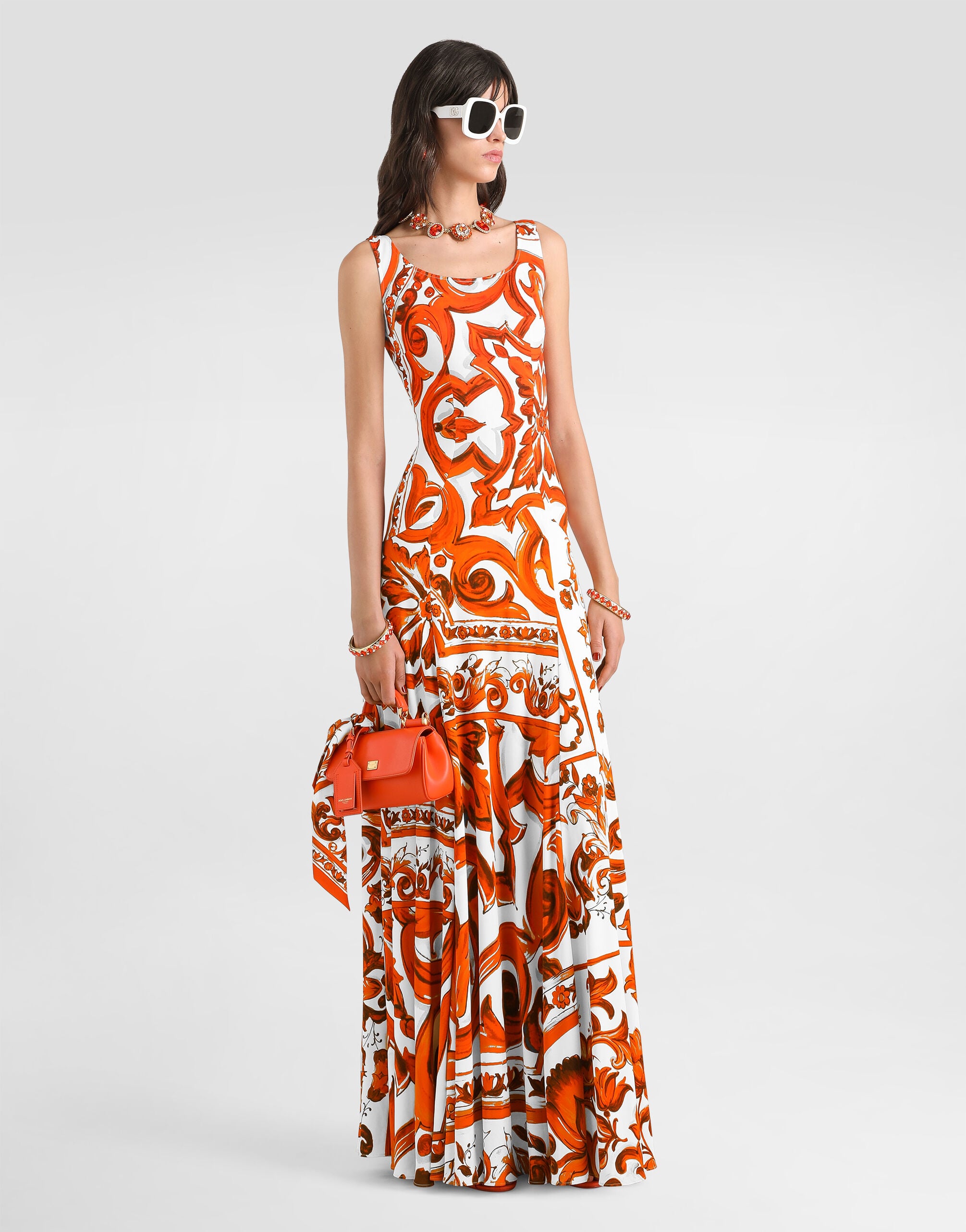 Majolica-print organzine long dress in Multicolor for Women