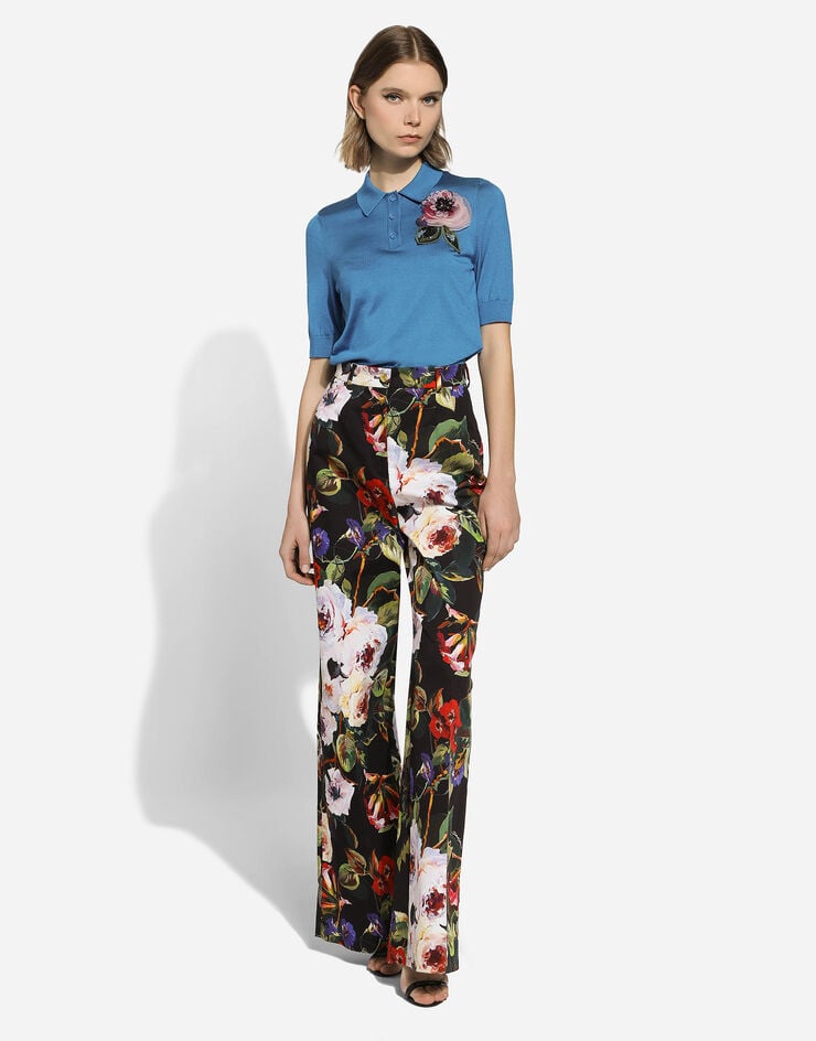 Poloshirt aus Seide mit Blumenapplikation in Grün für Damen | Dolce&Gabbana®