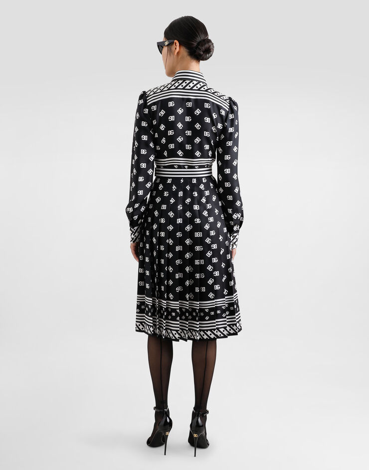 Dolce & Gabbana Twill calf-length shirt dress with all-over DG logo scarf print Black F6TMNTGDCVJ
