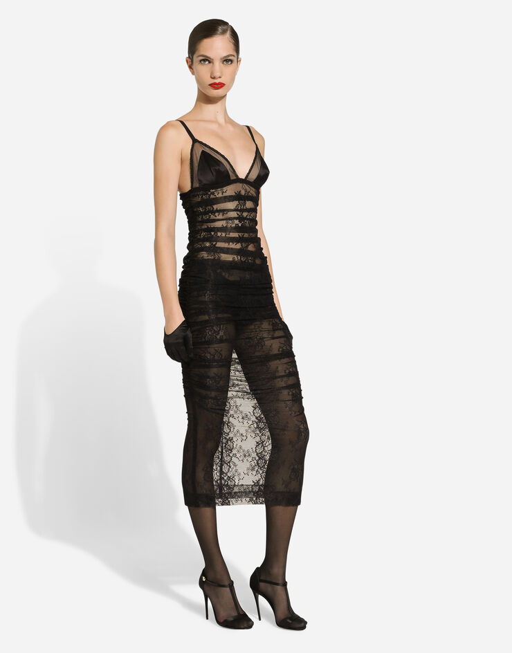 Dolce & Gabbana Vestido longuette tipo combinación de encaje Chantilly elástico Negro F6JRUTFLREW