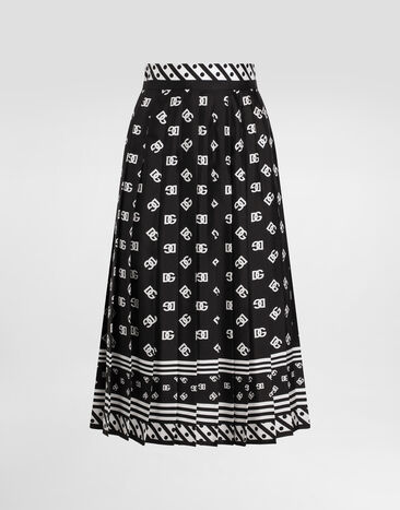 Dolce & Gabbana Pleated silk twill calf-length skirt with all-over DG logo scarf print Print F4BBOTIS1Y7