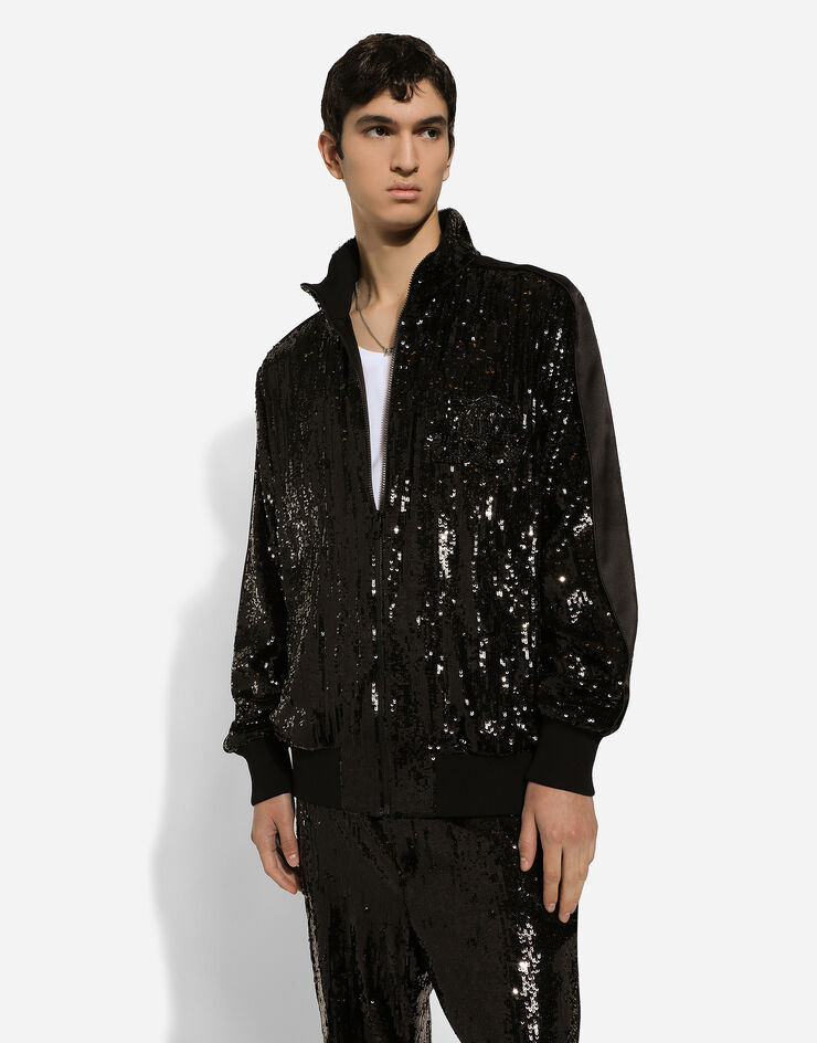 Dolce & Gabbana Sequined zip-up sweatshirt with rhinestone-detailed DG patch Black G9ZG1ZHLMTJ