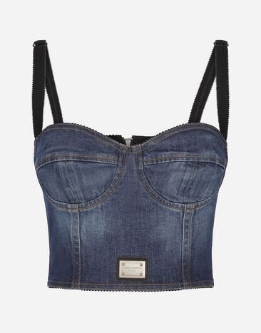 Dolce & Gabbana Top bustier en denim avec plaquette à logo Imprimé F6ZT1THS5Q2