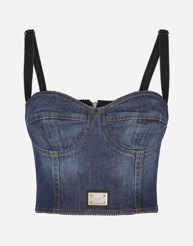 Denim corset top with logo tag in Blue for