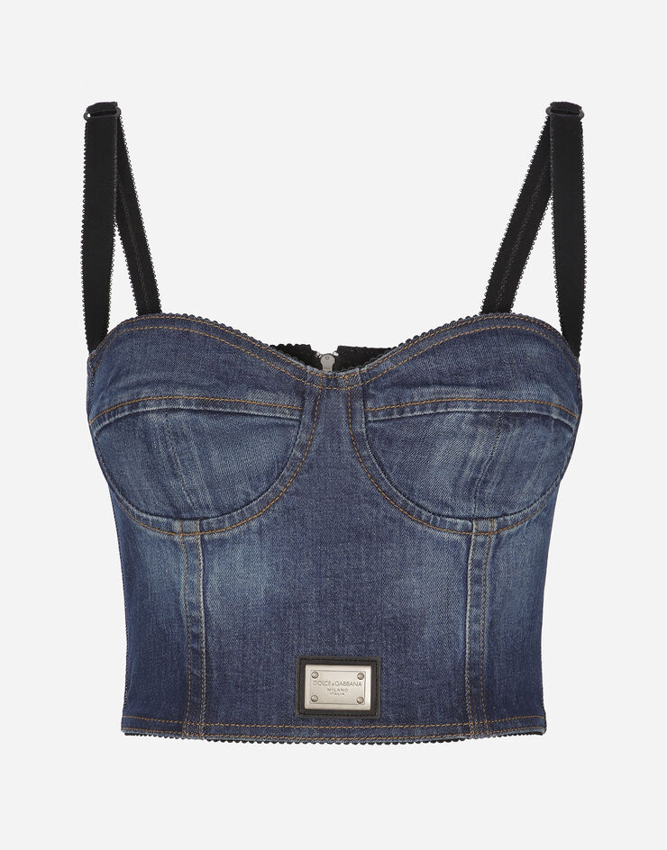 Dolce & Gabbana Top corsetero de denim con placa con logotipo Azul F73H5DG8KT2