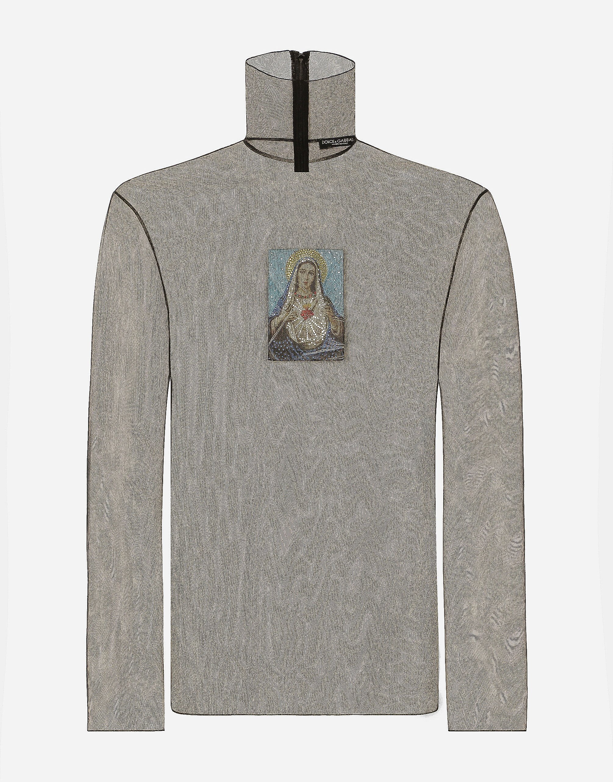 Dolce&Gabbana Tüll-T-Shirt mit hohem Kragen und Patch Schwarz G710PTFU26Z