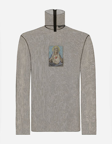 Dolce & Gabbana Camiseta de cuello alto en tul con parche Negro G8RF2ZFLSAB