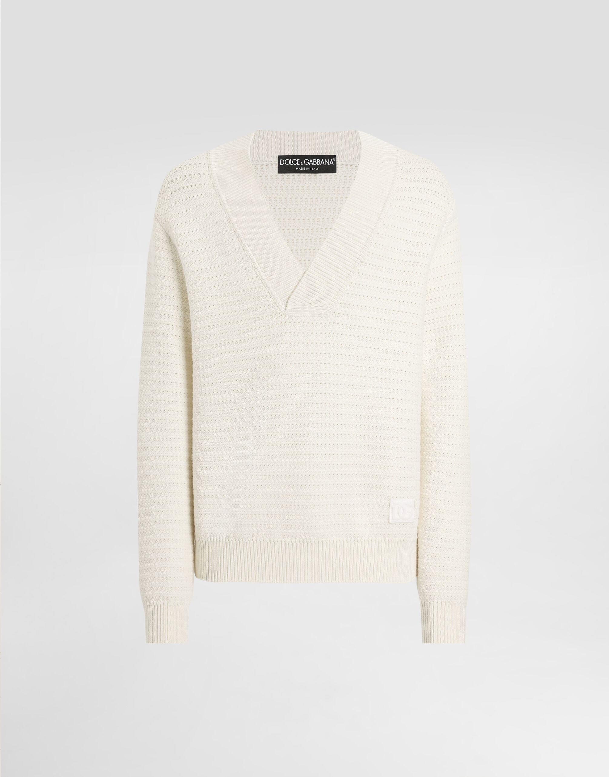 【Dolce&Gabbana】 DG alpaca and wool-blend sweater Wool V-neck sweater with DG embroidery in White for Men