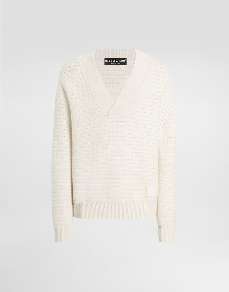 Dolce & Gabbana Wool V-neck sweater with DG embroidery White GXY34ZJCVWT