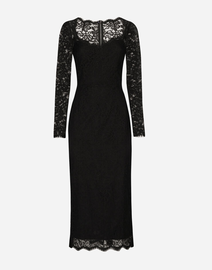 Dolce & Gabbana Longuette-Kleid aus floraler Spitze Schwarz F6AQGTHLUAH