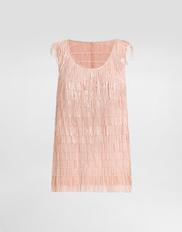 Dolce & Gabbana Sleeveless top with sequined fringe embellishment Pink F7AY0TFLSLR