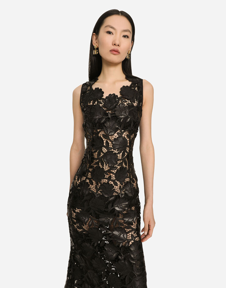 Dolce&Gabbana Vestido longuette en macramé de piel sintética Negro F6ATLTFGSAL