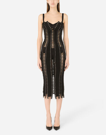 Dolce & Gabbana Charmeuse calf-length dress with laces and eyelets Black F6D6HTFUADB