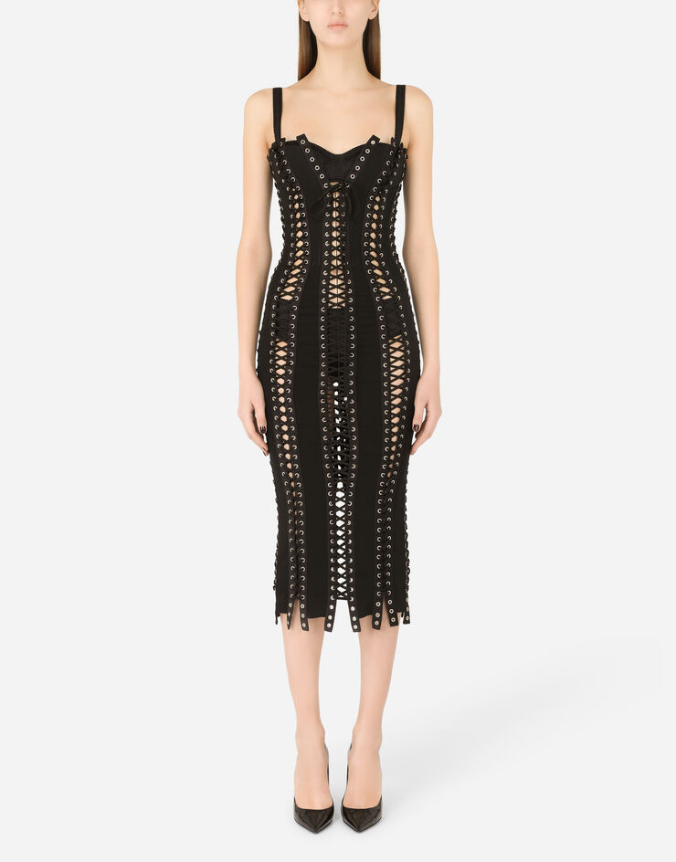 Dolce & Gabbana Vestido longuette de charmeuse con cordones y ojetes Negro F6D6HTFUADB