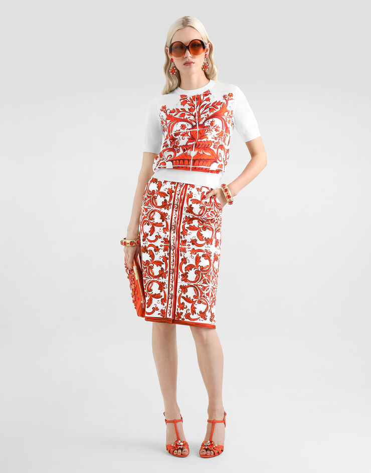 Dolce & Gabbana Majolica-print brocade skirt with jewel buttons Multicolor F4CO1ZGDDRF