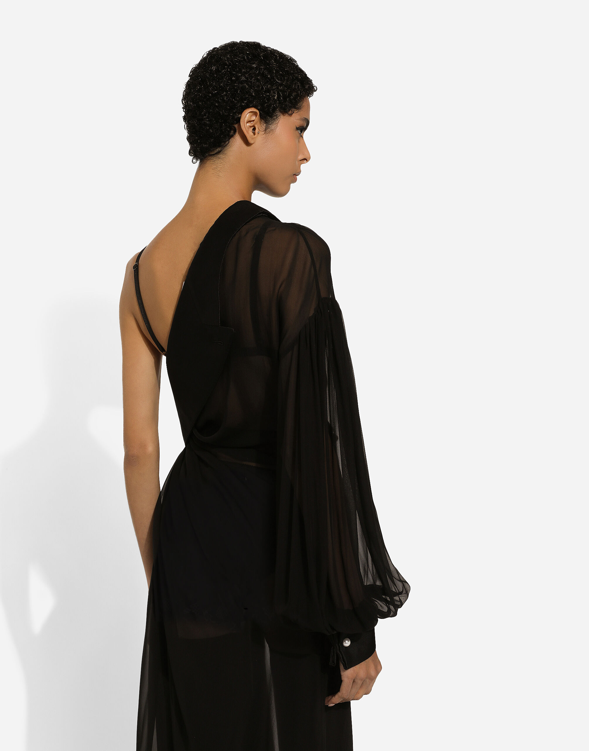 【在庫限り】 Long chiffon one-shoulder dress in Black for Women ワンピース