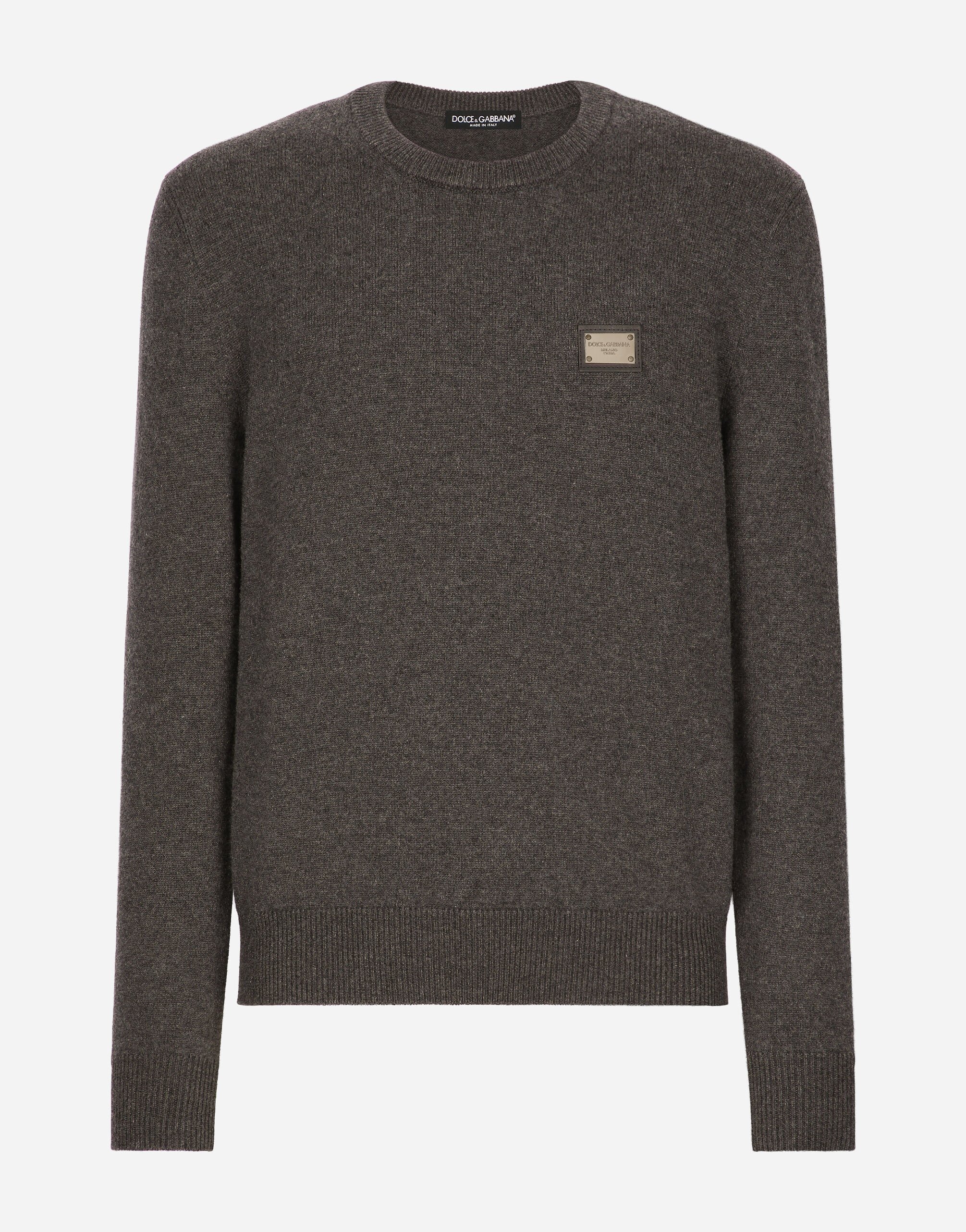 Dolce & Gabbana Wool round-neck sweater with branded tag Grey GXP80TJFMK7