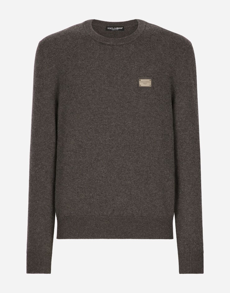 Dolce & Gabbana Wool round-neck sweater with branded tag Grey GXO39TJEMQ4
